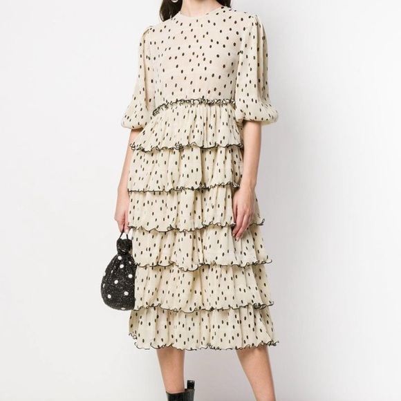 GANNI Lowell Tiered Polka Dot Plisse Beige & Black Midi Dress conservative pleat - Picture 2 of 12